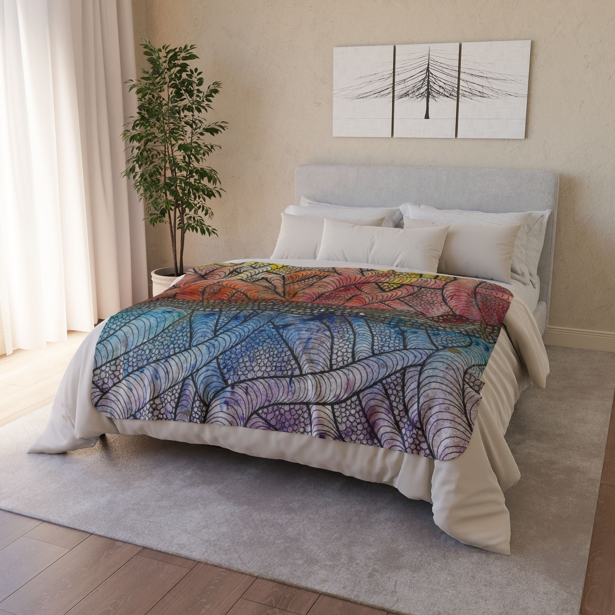 Fleece Throw Blanket, Textured Sherpa Underside, Hemmed, 2 Sizes. Colourful Abstract Design. Perfect for Bedroom, Living Room, or Special Gift #72 After The End