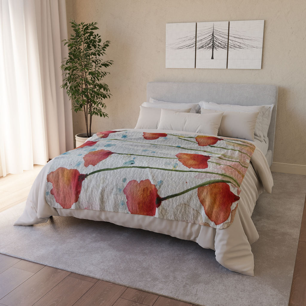 Fleece Throw Blanket, Textured Sherpa Underside, Hemmed, 2 Sizes. Colourful Abstract Design. Perfect for Bedroom, Living Room, or Special Gift #94 Poppies Galore