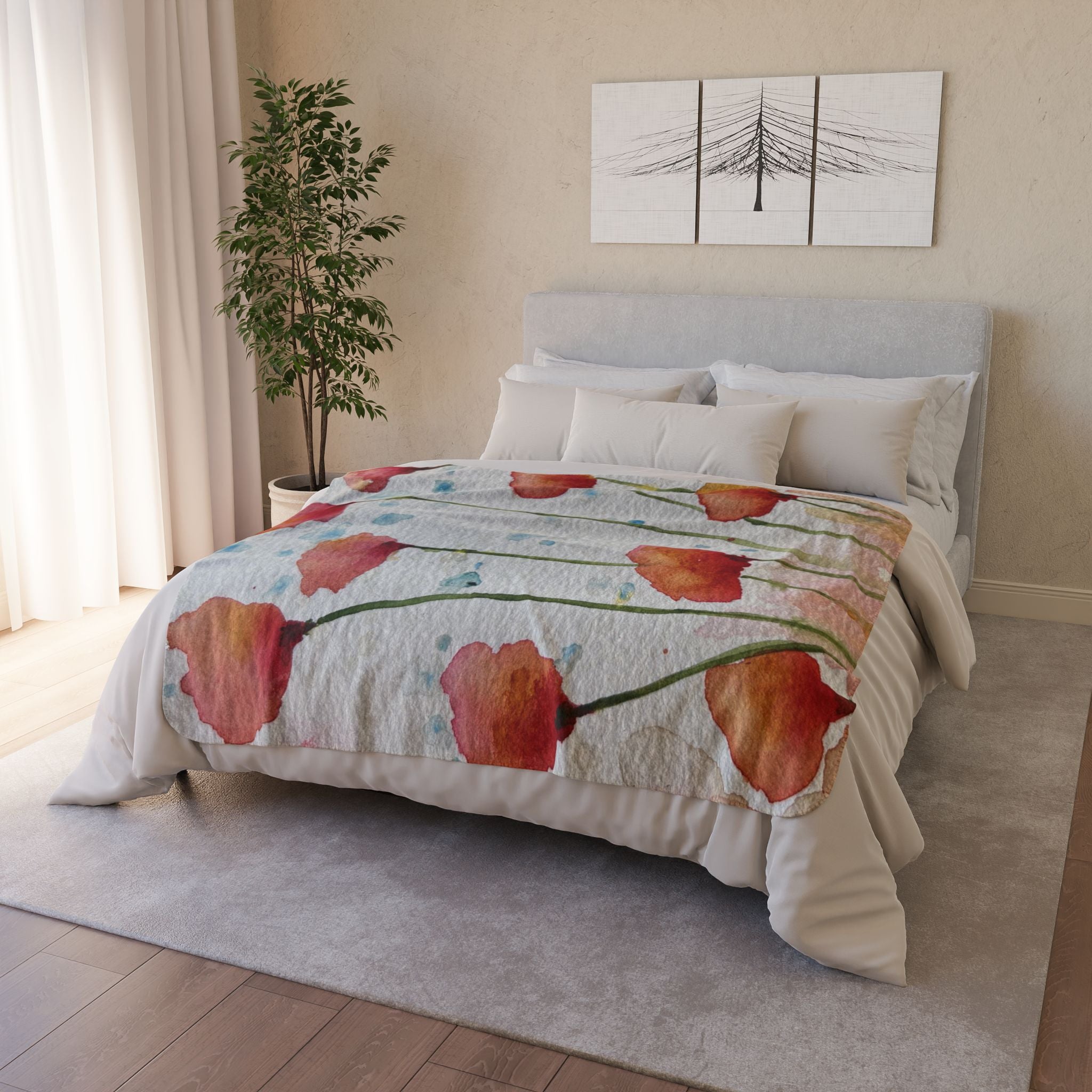 Fleece Throw Blanket, Textured Sherpa Underside, Hemmed, 2 Sizes. Colourful Abstract Design. Perfect for Bedroom, Living Room, or Special Gift #94 Poppies Galore