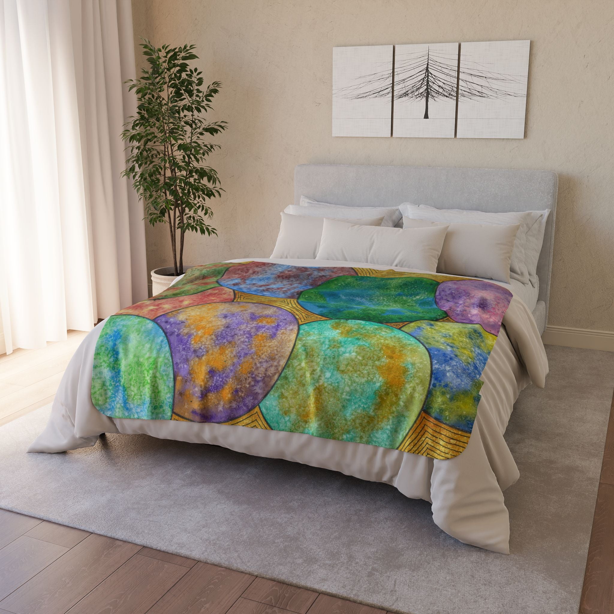 Fleece Throw Blanket, Textured Sherpa Underside, Hemmed, 2 Sizes. Colourful Abstract Design. Perfect for Bedroom, Living Room, or Special Gift #61 Worlds Apart