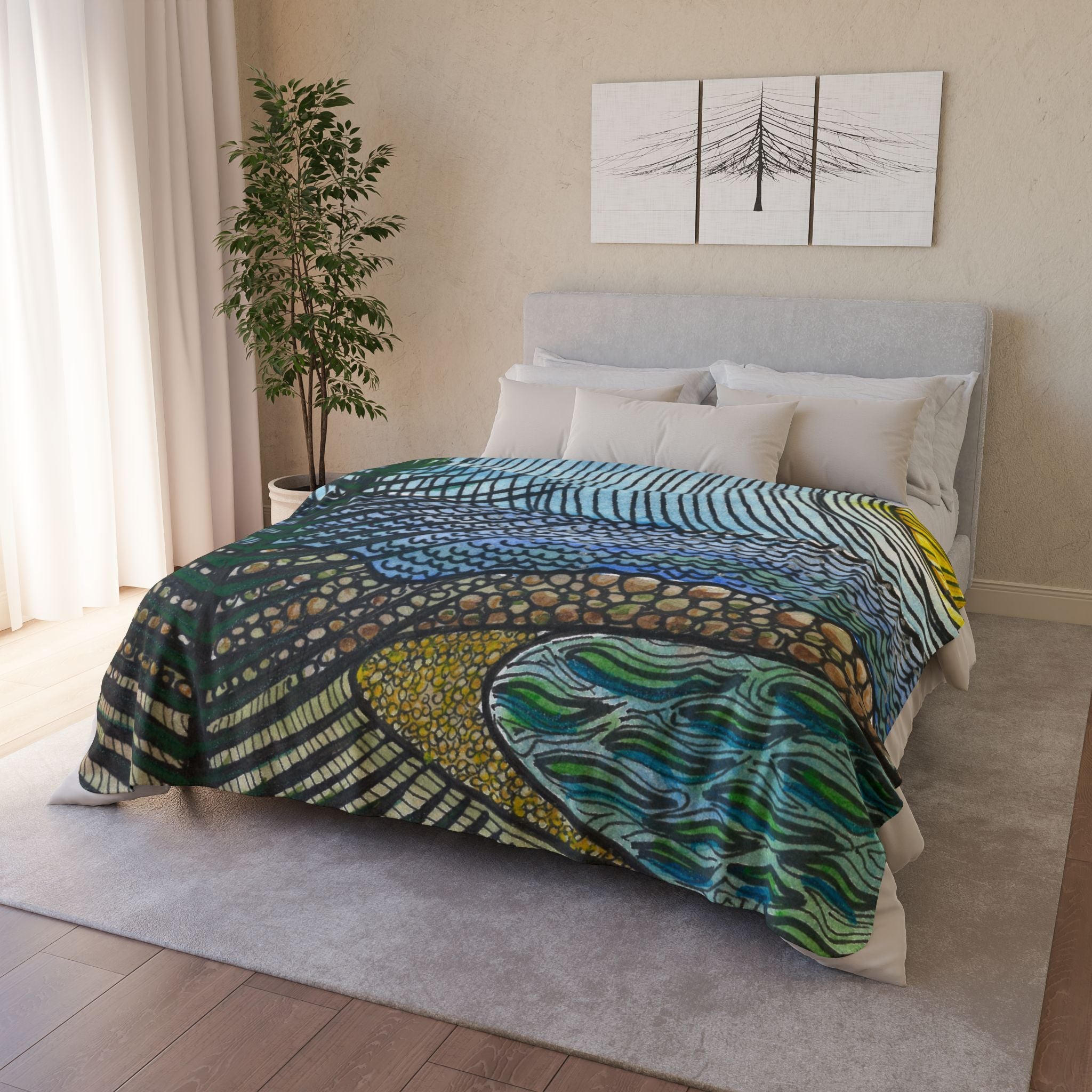 Fleece Throw Blanket, Textured Sherpa Underside, Hemmed, 2 Sizes. Colourful Abstract Design. Perfect for Bedroom, Living Room, or Special Gift #47 Cottesloe