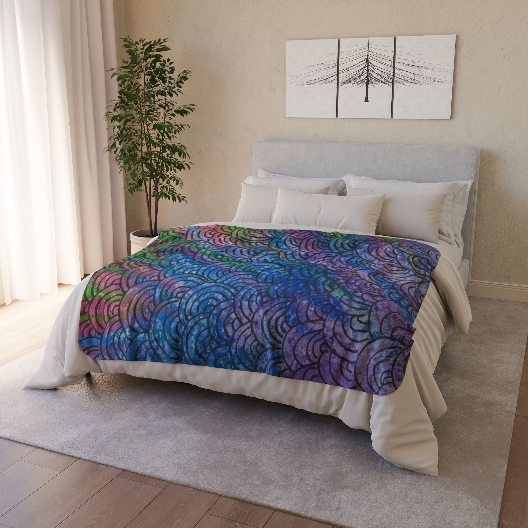 Fleece Throw Blanket, Textured Sherpa Underside, Hemmed, 2 Sizes. Colourful Abstract Design. Perfect for Bedroom, Living Room, or Special Gift #84 Ah The Past