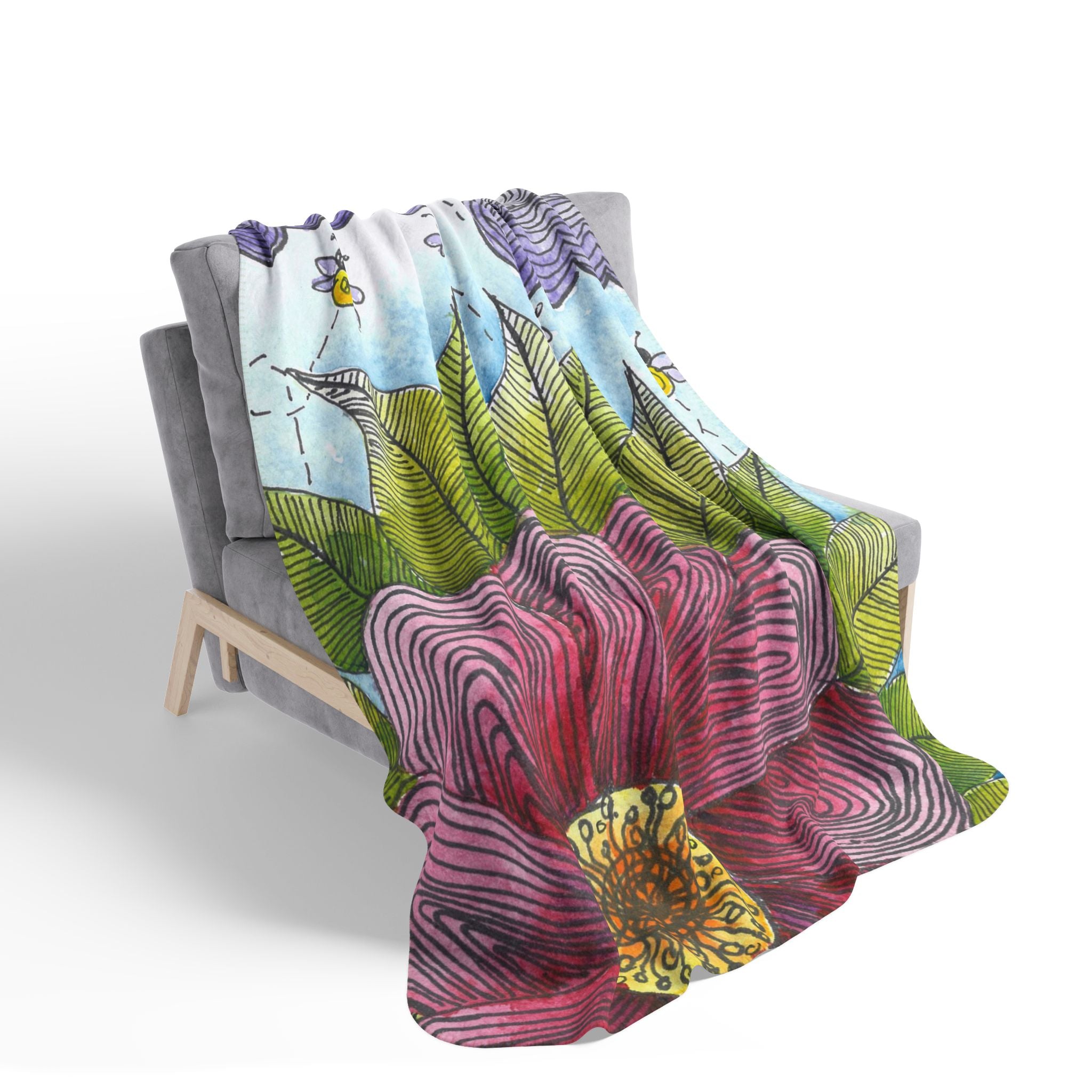 Fleece Throw Blanket, Textured Sherpa Underside, Hemmed, 2 Sizes. Colourful Abstract Design. Perfect for Bedroom, Living Room, or Special Gift #4 Bloom'n