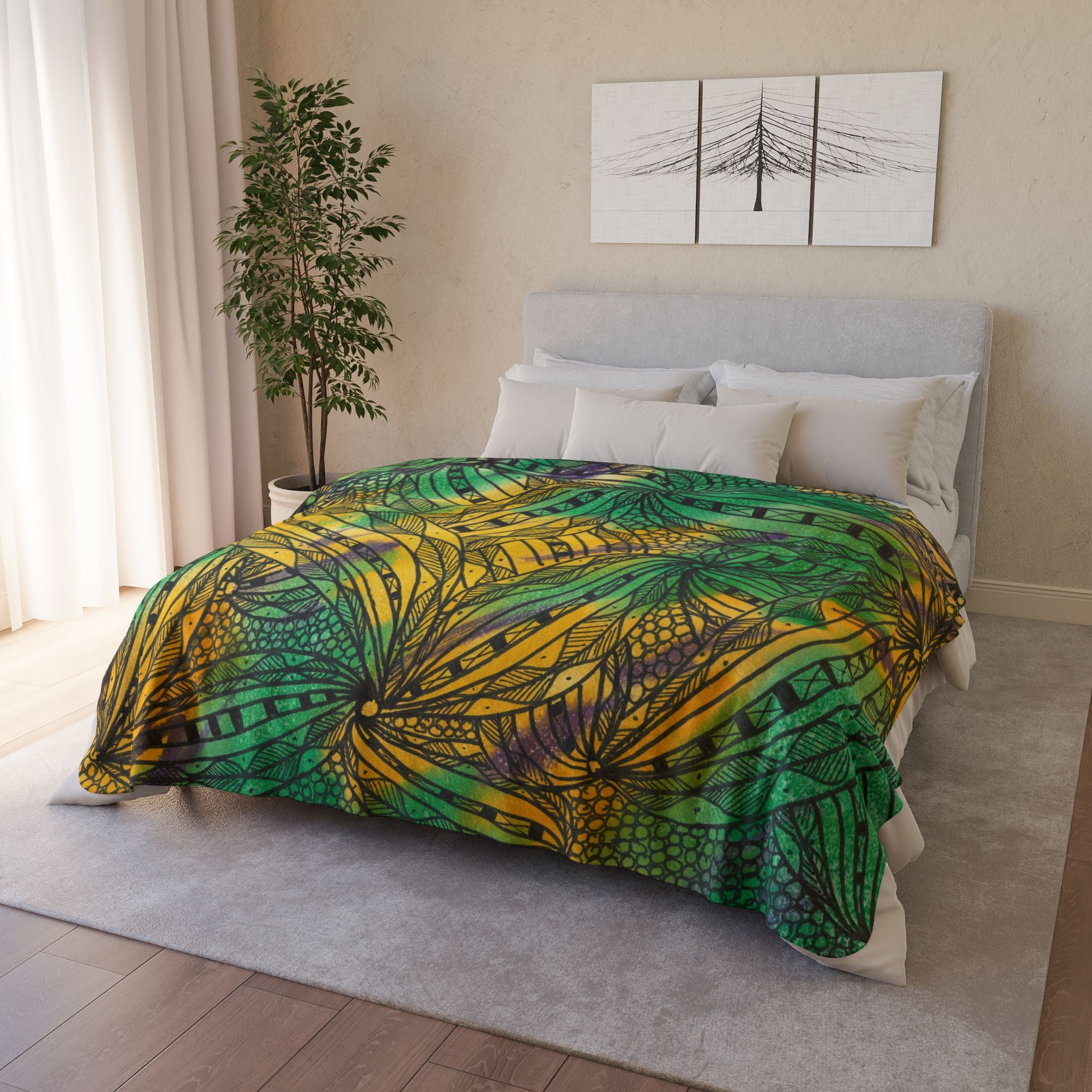 Fleece Throw Blanket, Textured Sherpa Underside, Hemmed, 2 Sizes. Colourful Abstract Design. Perfect for Bedroom, Living Room, or Special Gift #37 Shrubbery