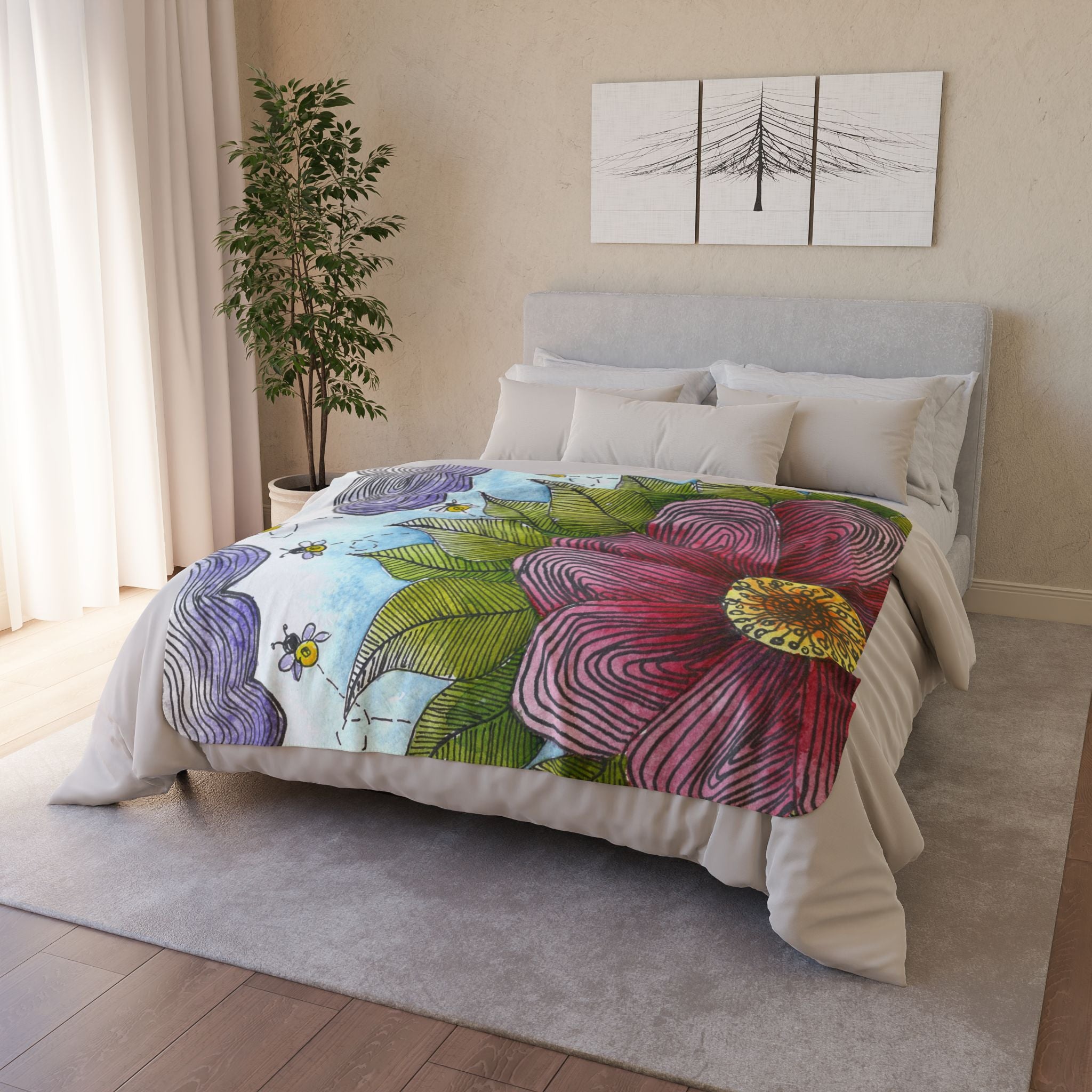Fleece Throw Blanket, Textured Sherpa Underside, Hemmed, 2 Sizes. Colourful Abstract Design. Perfect for Bedroom, Living Room, or Special Gift #4 Bloom'n