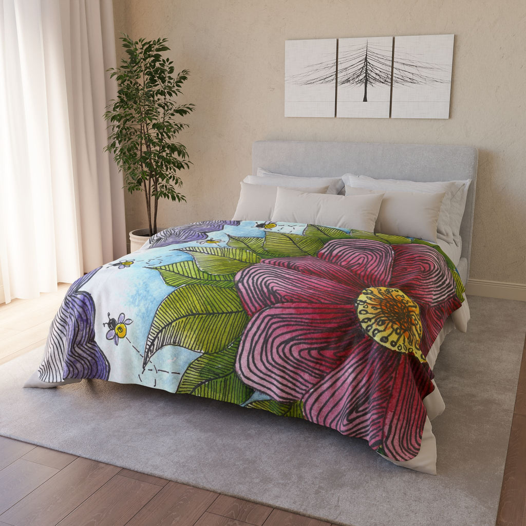 Fleece Throw Blanket, Textured Sherpa Underside, Hemmed, 2 Sizes. Colourful Abstract Design. Perfect for Bedroom, Living Room, or Special Gift #4 Bloom'n