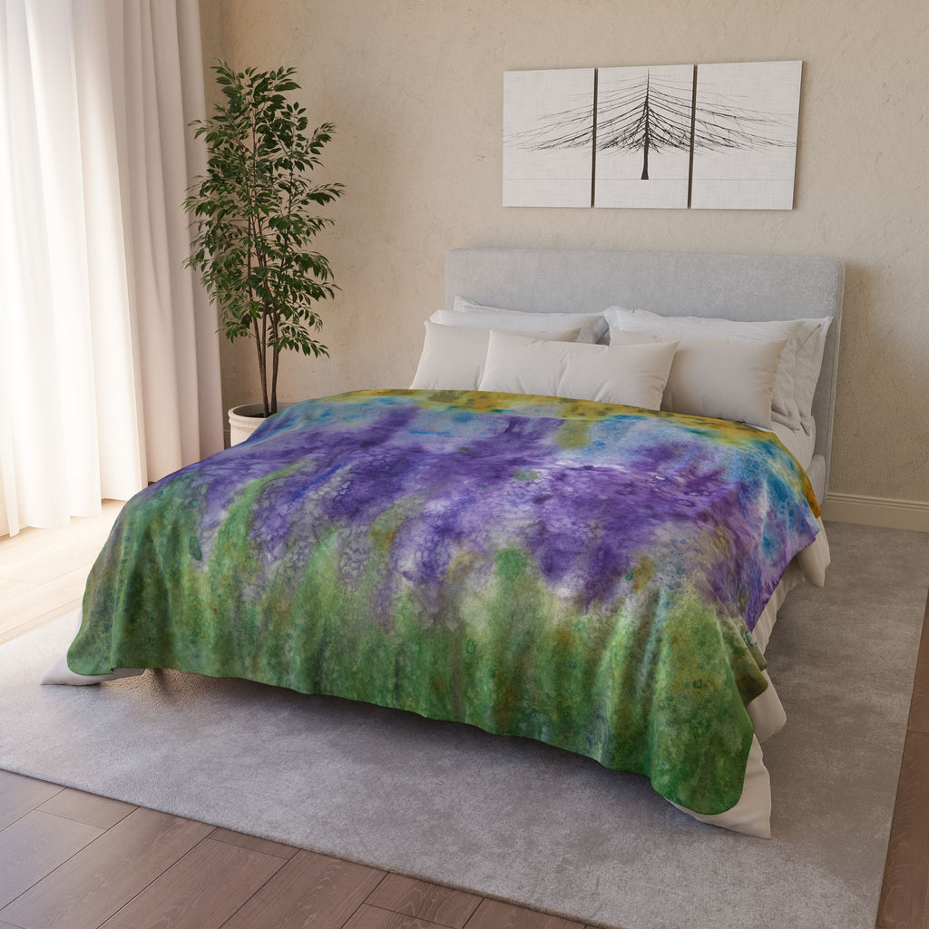 Fleece Throw Blanket, Textured Sherpa Underside, Hemmed, 2 Sizes. Colourful Abstract Design. Perfect for Bedroom, Living Room, or Special Gift #74 Lavender Fields