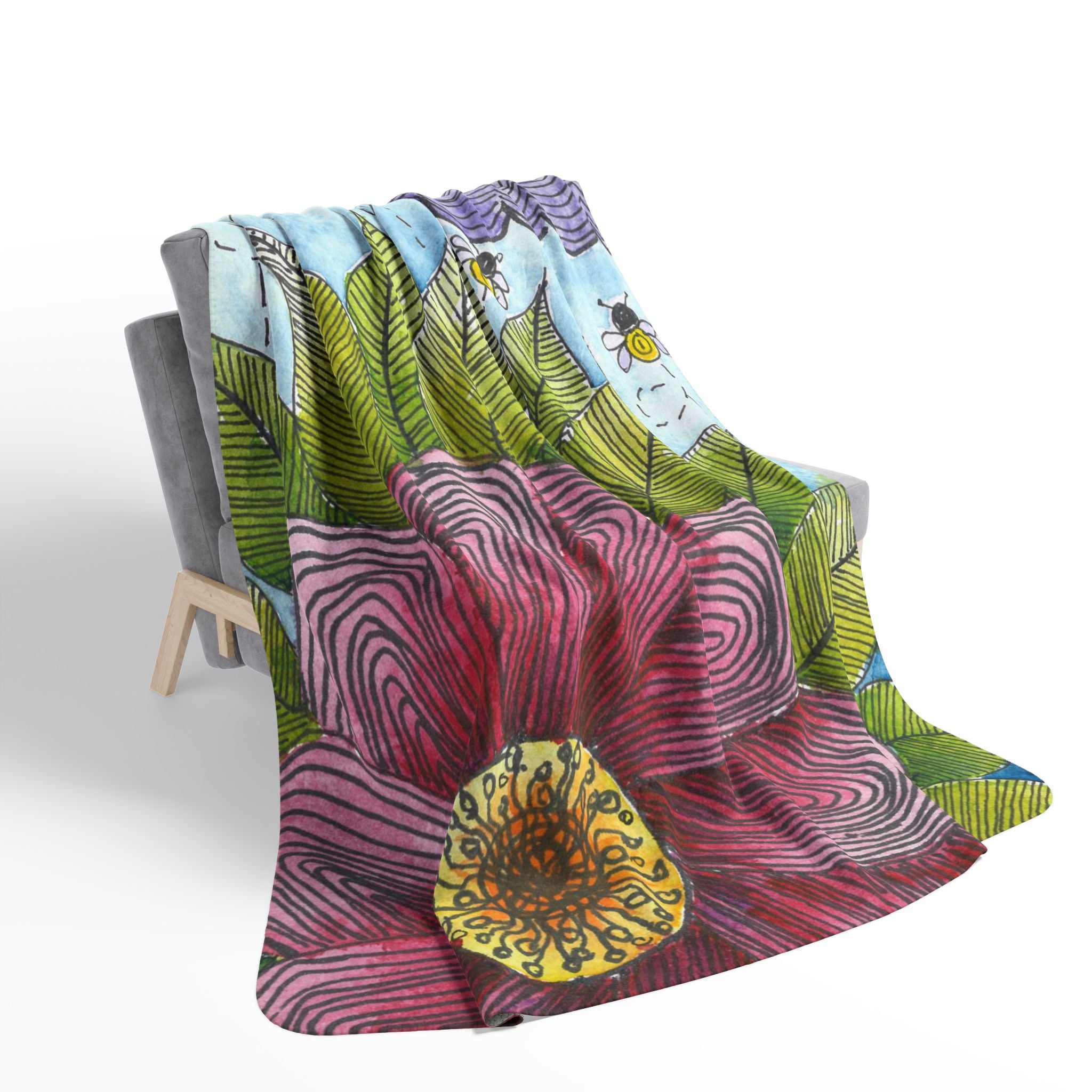 Fleece Throw Blanket, Textured Sherpa Underside, Hemmed, 2 Sizes. Colourful Abstract Design. Perfect for Bedroom, Living Room, or Special Gift #4 Bloom'n