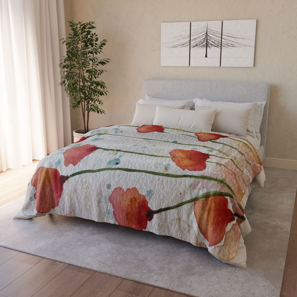 Fleece Throw Blanket, Textured Sherpa Underside, Hemmed, 2 Sizes. Colourful Abstract Design. Perfect for Bedroom, Living Room, or Special Gift #94 Poppies Galore