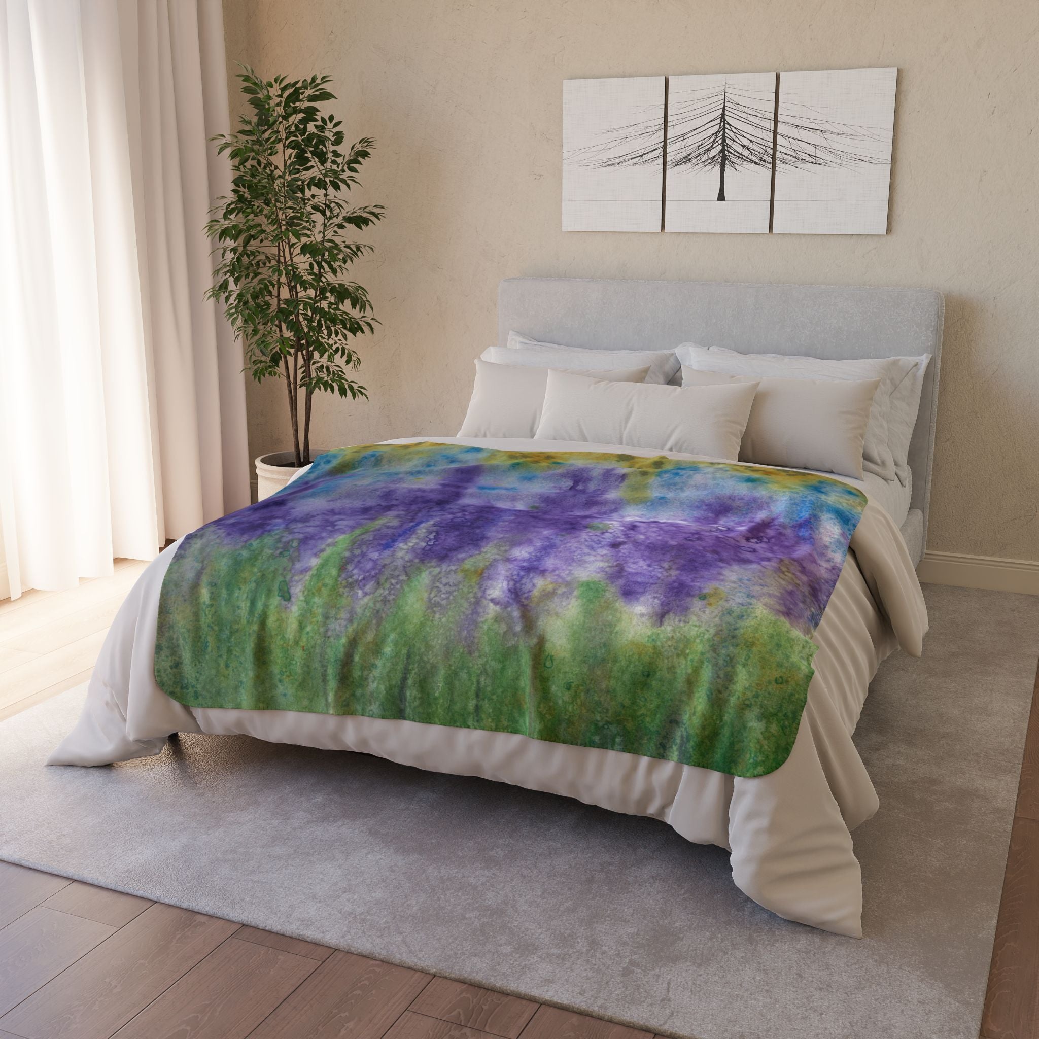 Fleece Throw Blanket, Textured Sherpa Underside, Hemmed, 2 Sizes. Colourful Abstract Design. Perfect for Bedroom, Living Room, or Special Gift #74 Lavender Fields