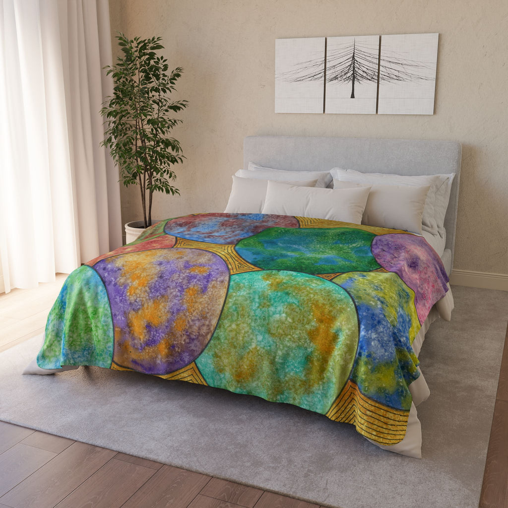 Fleece Throw Blanket, Textured Sherpa Underside, Hemmed, 2 Sizes. Colourful Abstract Design. Perfect for Bedroom, Living Room, or Special Gift #61 Worlds Apart
