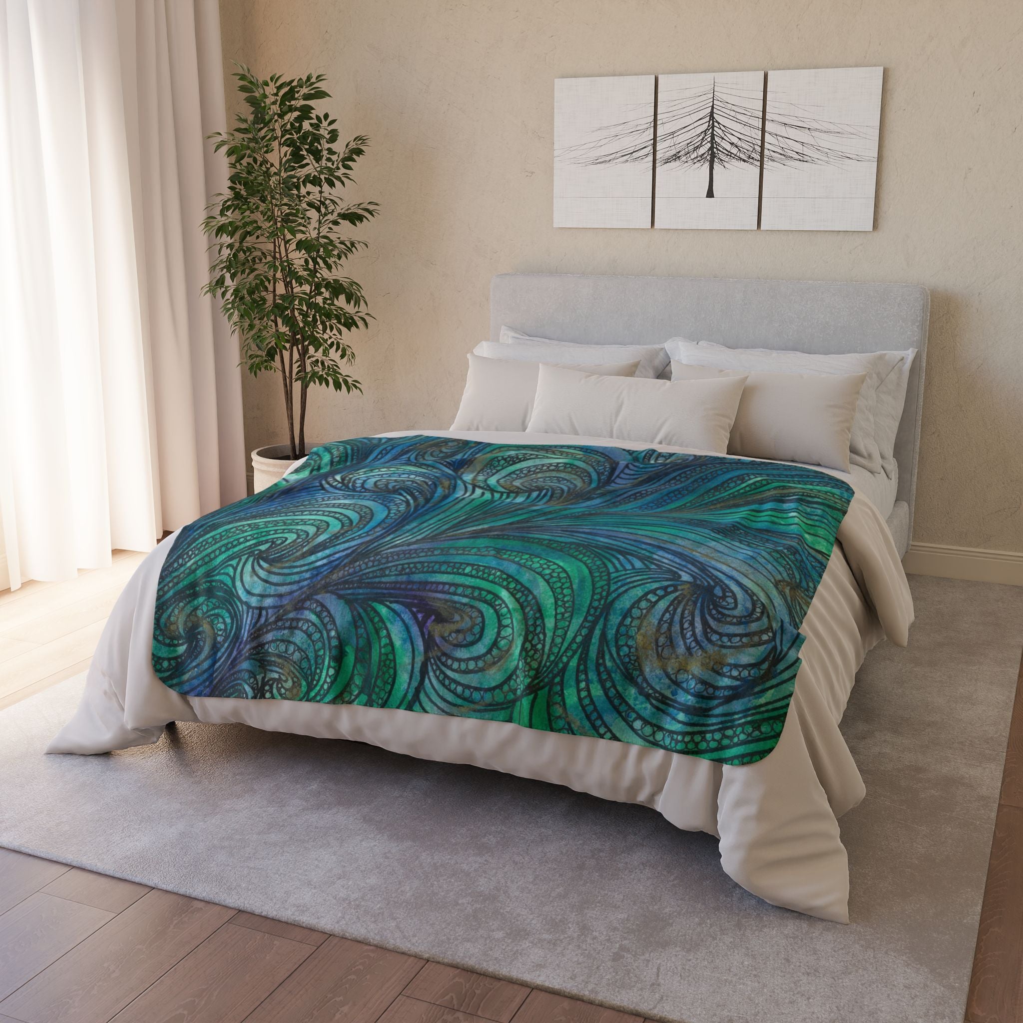 Fleece Throw Blanket, Textured Sherpa Underside, Hemmed, 2 Sizes. Colourful Abstract Design. Perfect for Bedroom, Living Room, or Special Gift #71 Call Of The Sea