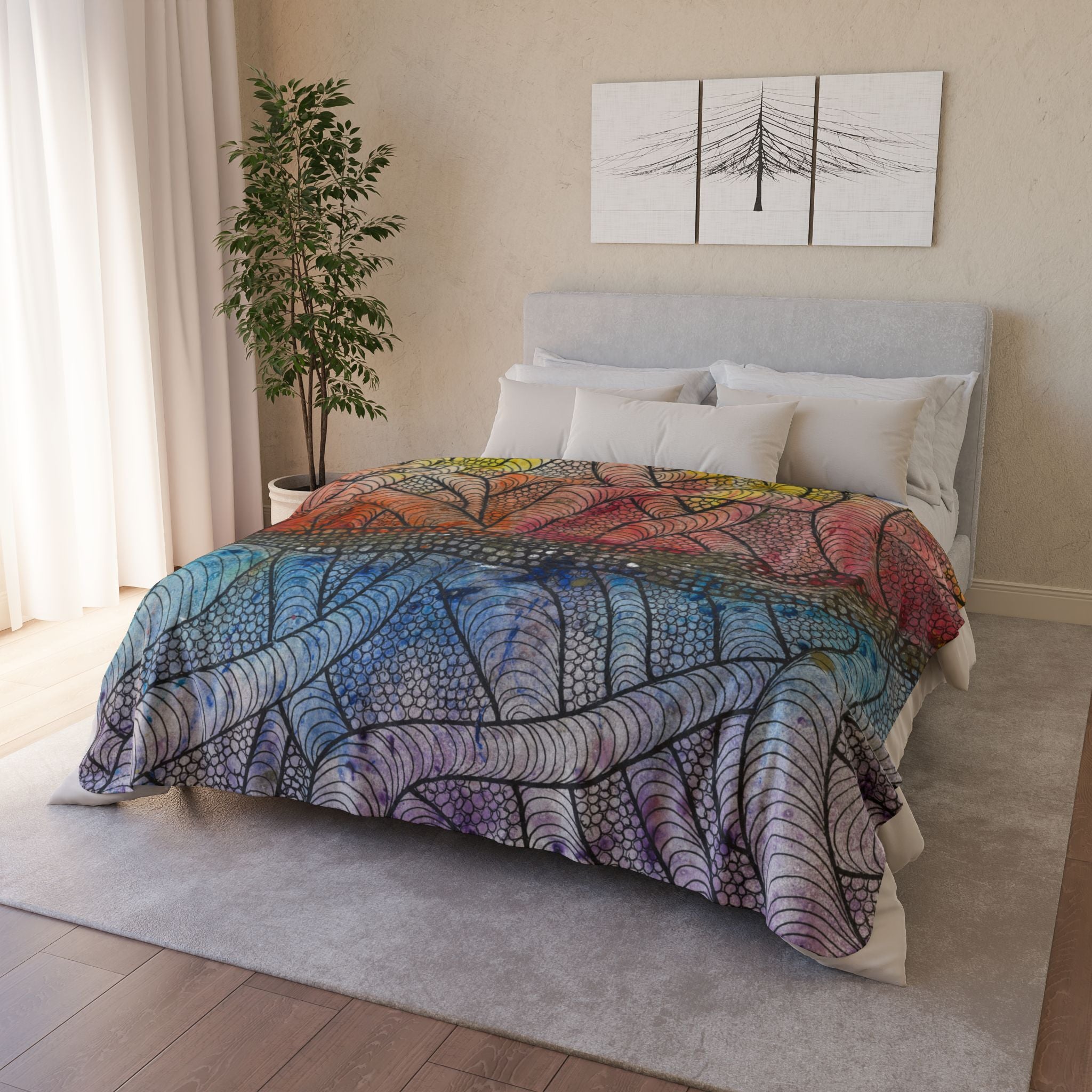 Fleece Throw Blanket, Textured Sherpa Underside, Hemmed, 2 Sizes. Colourful Abstract Design. Perfect for Bedroom, Living Room, or Special Gift #72 After The End