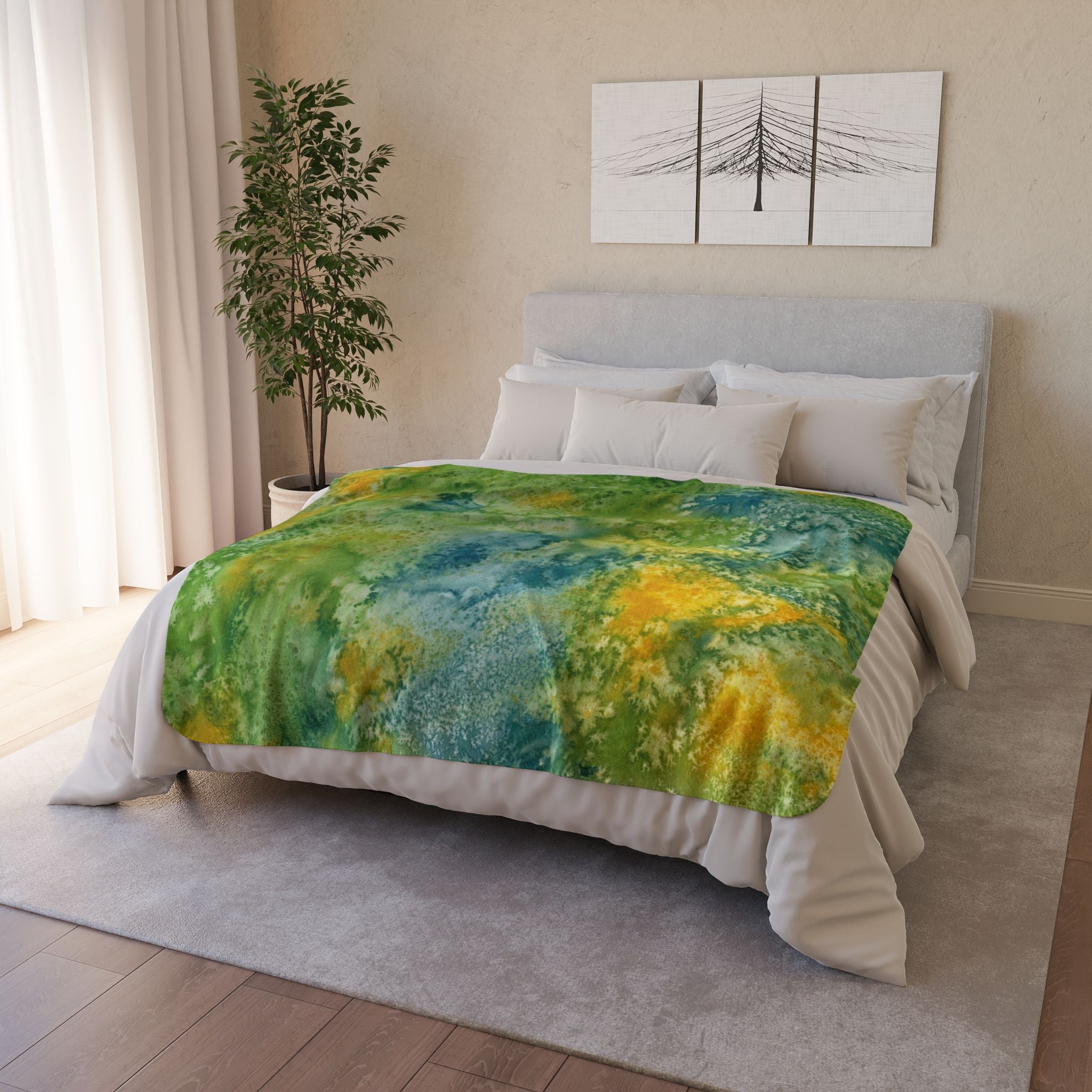 Fleece Throw Blanket, Textured Sherpa Underside, Hemmed, 2 Sizes. Colourful Abstract Design. Perfect for Bedroom, Living Room, or Special Gift #52 View From Above