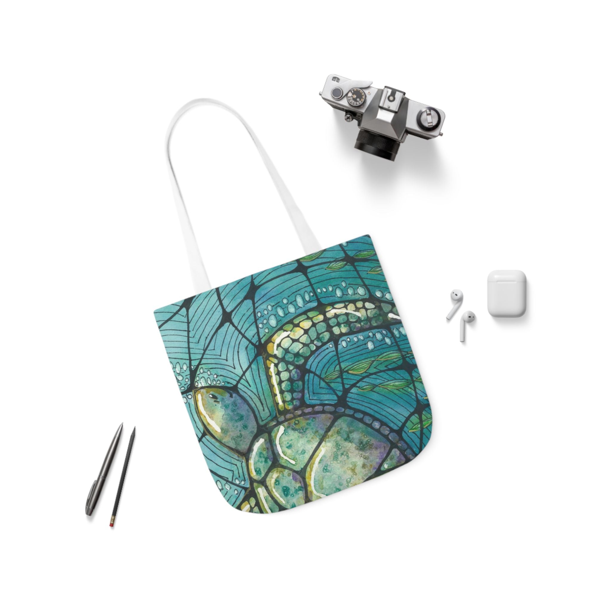 Canvas Tote Bags, Colourful Abstract Designs, 5-Color Straps, 3 Sizes.  For Family and friends or a Special Gift #73 Turtling Along