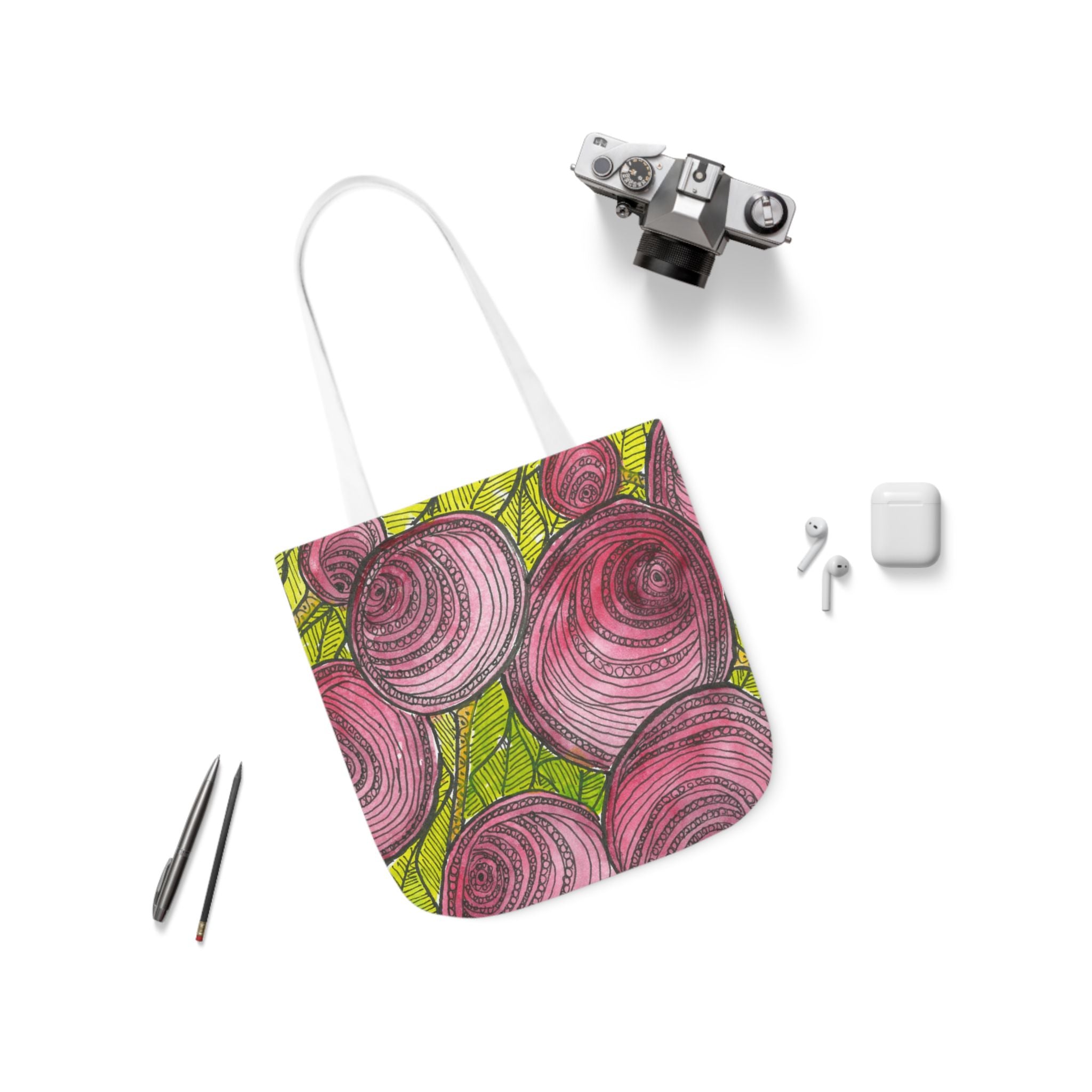 Canvas Tote Bags, Colourful Abstract Designs, 5-Color Straps, 3 Sizes.  For Family and friends or a Special Gift #9 Spaced Blossoms