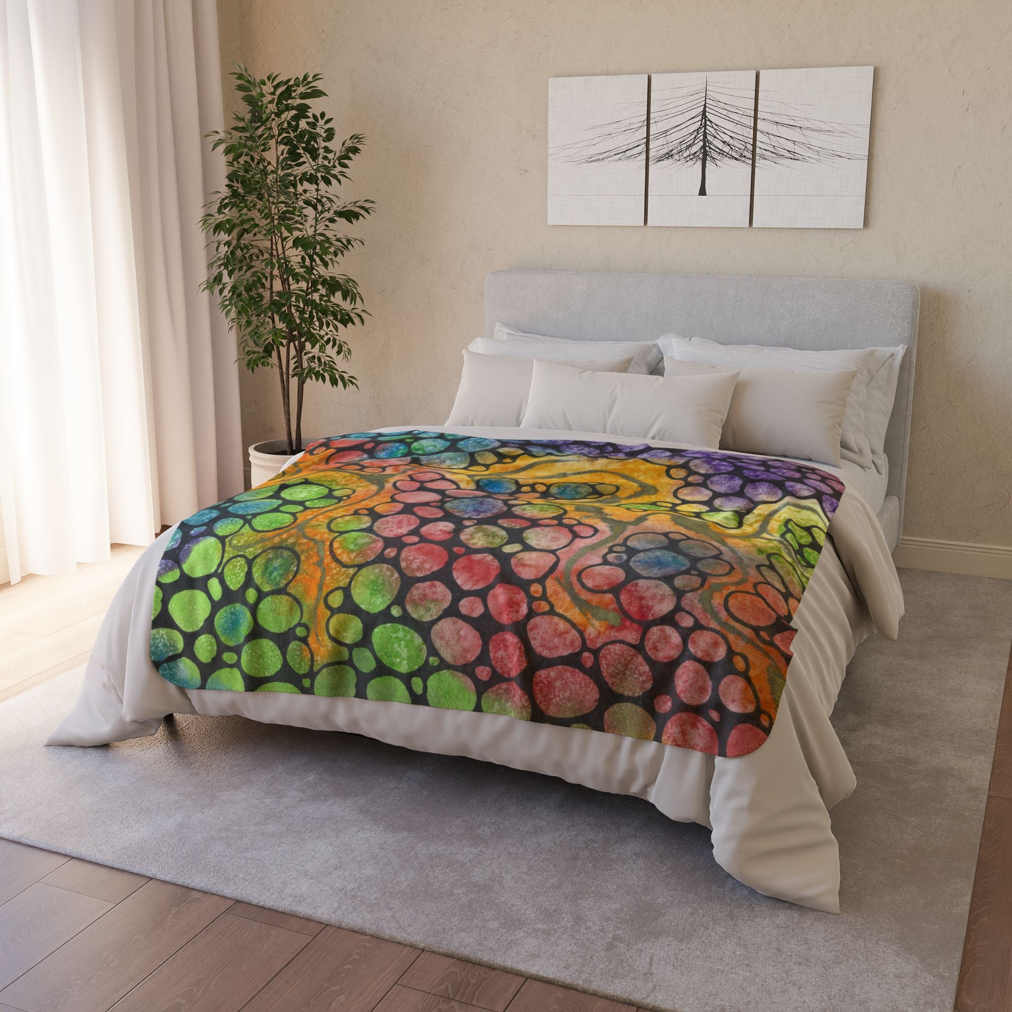 Fleece Throw Blanket, Textured Sherpa Underside, Hemmed, 2 Sizes. Colourful Abstract Design. Perfect for Bedroom, Living Room, or Special Gift #77 River Of Dreams