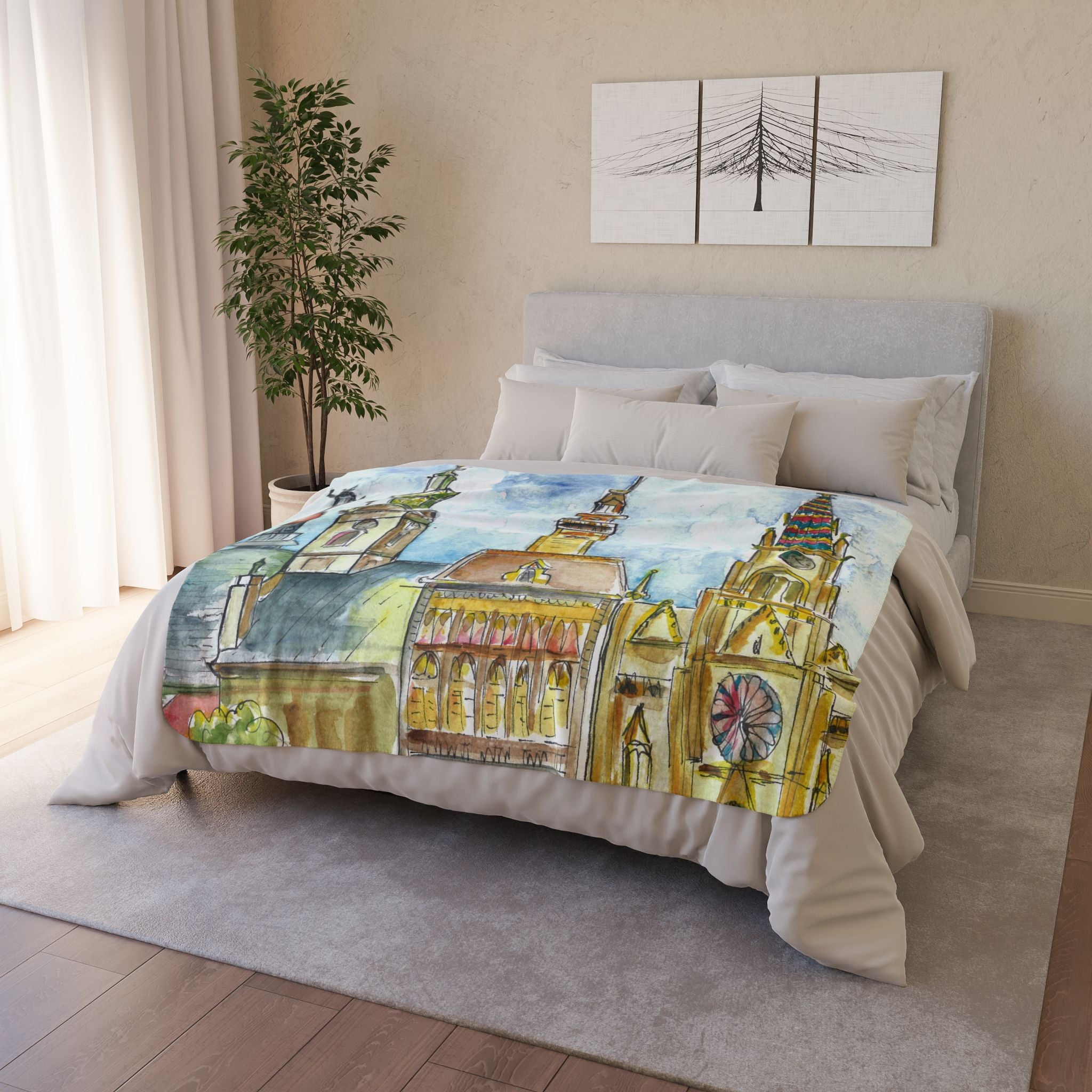 Fleece Throw Blanket, Textured Sherpa Underside, Hemmed, 2 Sizes. Colourful Abstract Design. Perfect for Bedroom, Living Room, or Special Gift #95 Beautiful Novi Sad