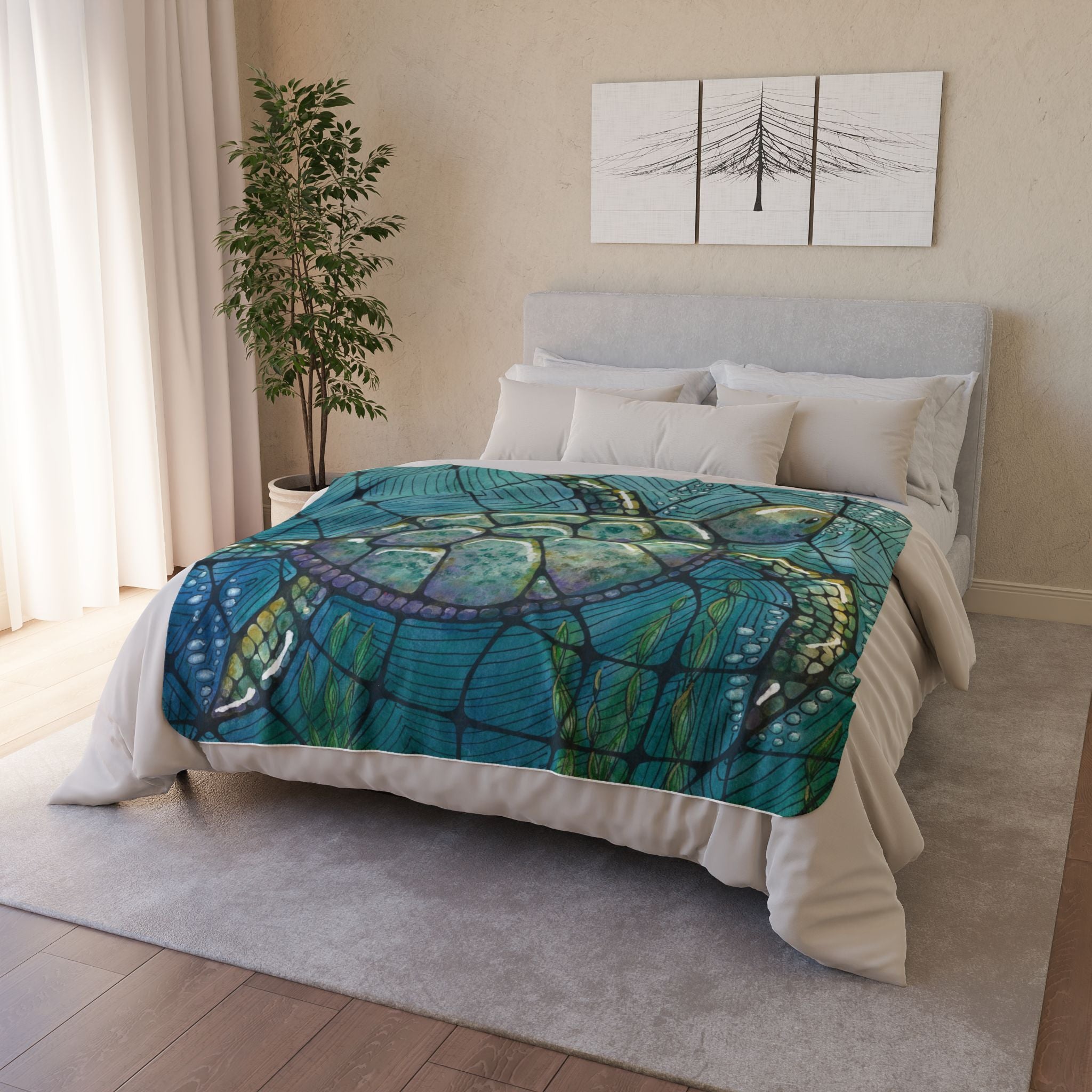 Fleece Throw Blanket, Textured Sherpa Underside, Hemmed, 2 Sizes. Colourful Abstract Design. Perfect for Bedroom, Living Room, or Special Gift #73 Turtling Along