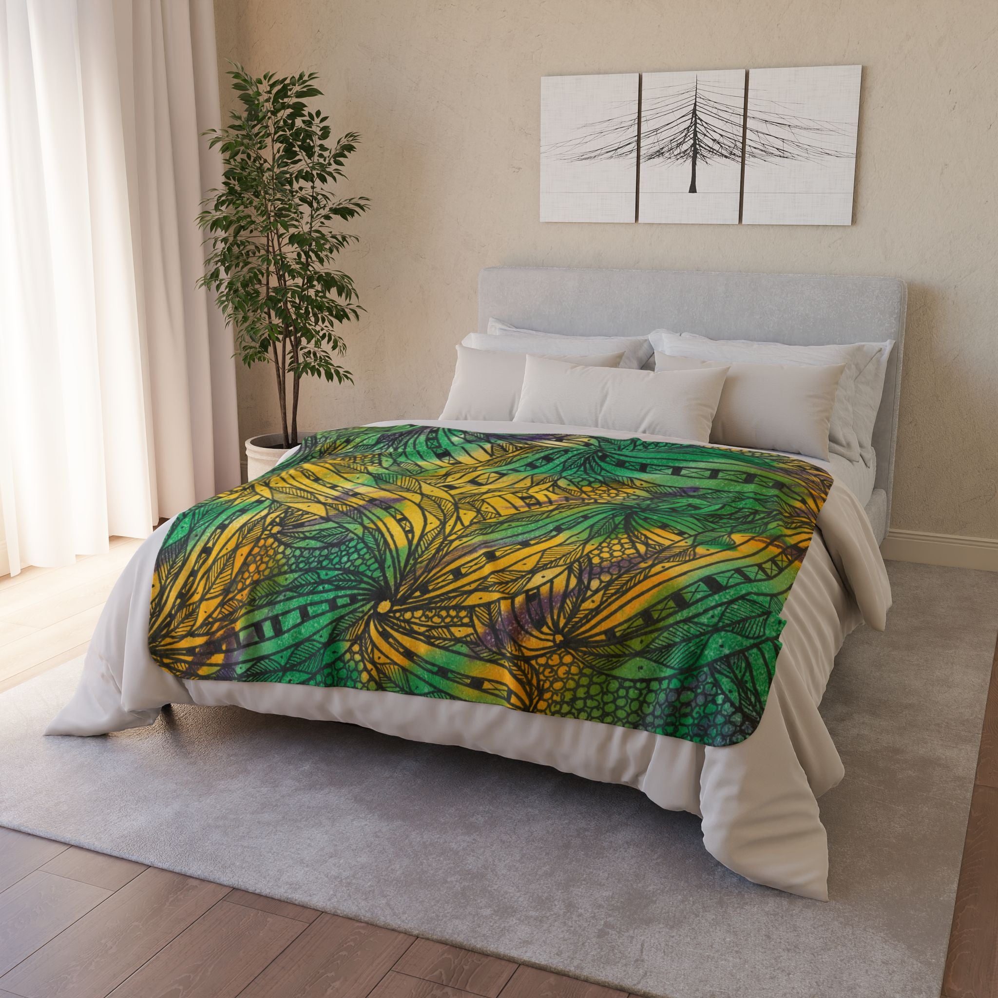 Fleece Throw Blanket, Textured Sherpa Underside, Hemmed, 2 Sizes. Colourful Abstract Design. Perfect for Bedroom, Living Room, or Special Gift #37 Shrubbery