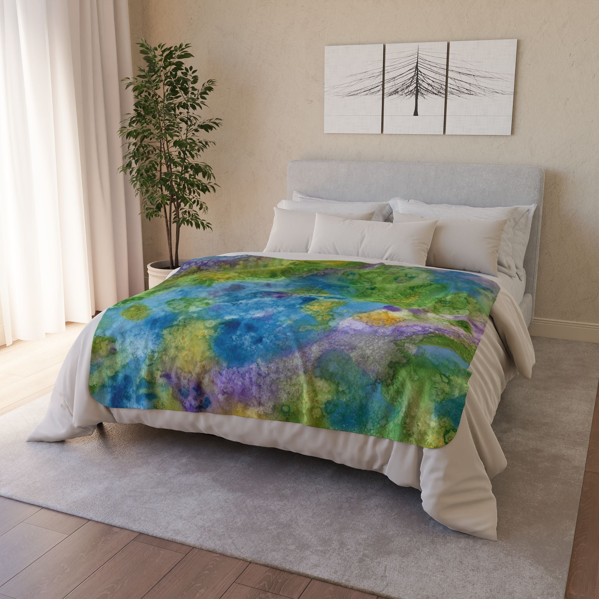 Fleece Throw Blanket, Textured Sherpa Underside, Hemmed, 2 Sizes. Colourful Abstract Design. Perfect for Bedroom, Living Room, or Special Gift #60 Happy Holidays