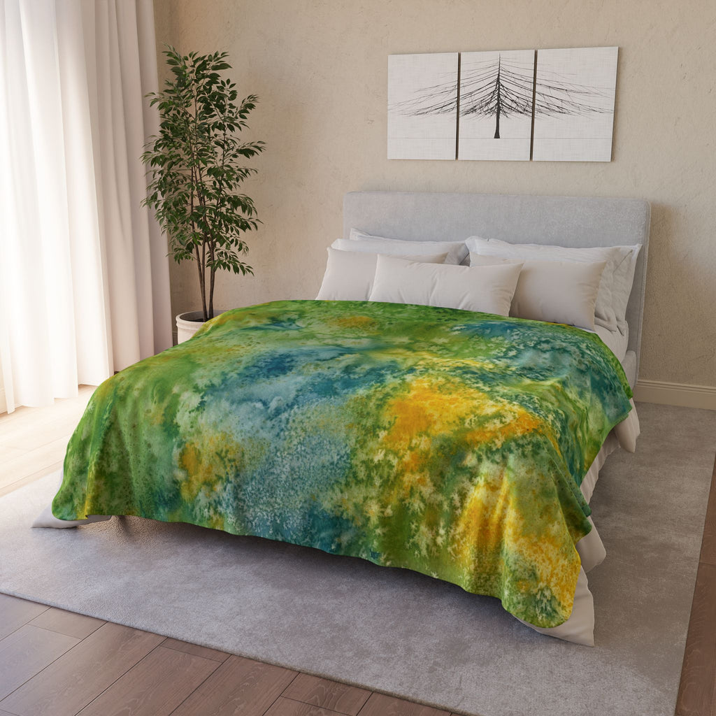 Fleece Throw Blanket, Textured Sherpa Underside, Hemmed, 2 Sizes. Colourful Abstract Design. Perfect for Bedroom, Living Room, or Special Gift #52 View From Above