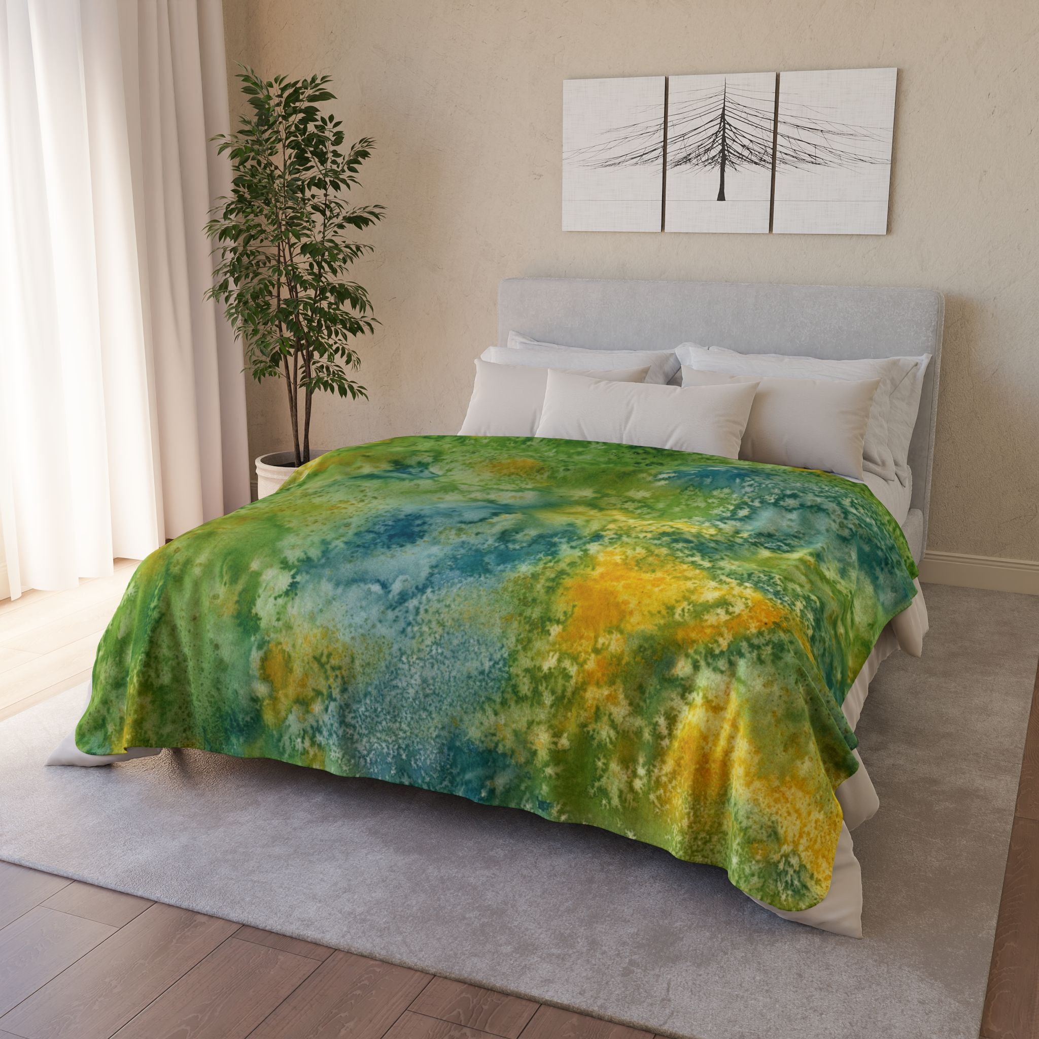 Fleece Throw Blanket, Textured Sherpa Underside, Hemmed, 2 Sizes. Colourful Abstract Design. Perfect for Bedroom, Living Room, or Special Gift #52 View From Above