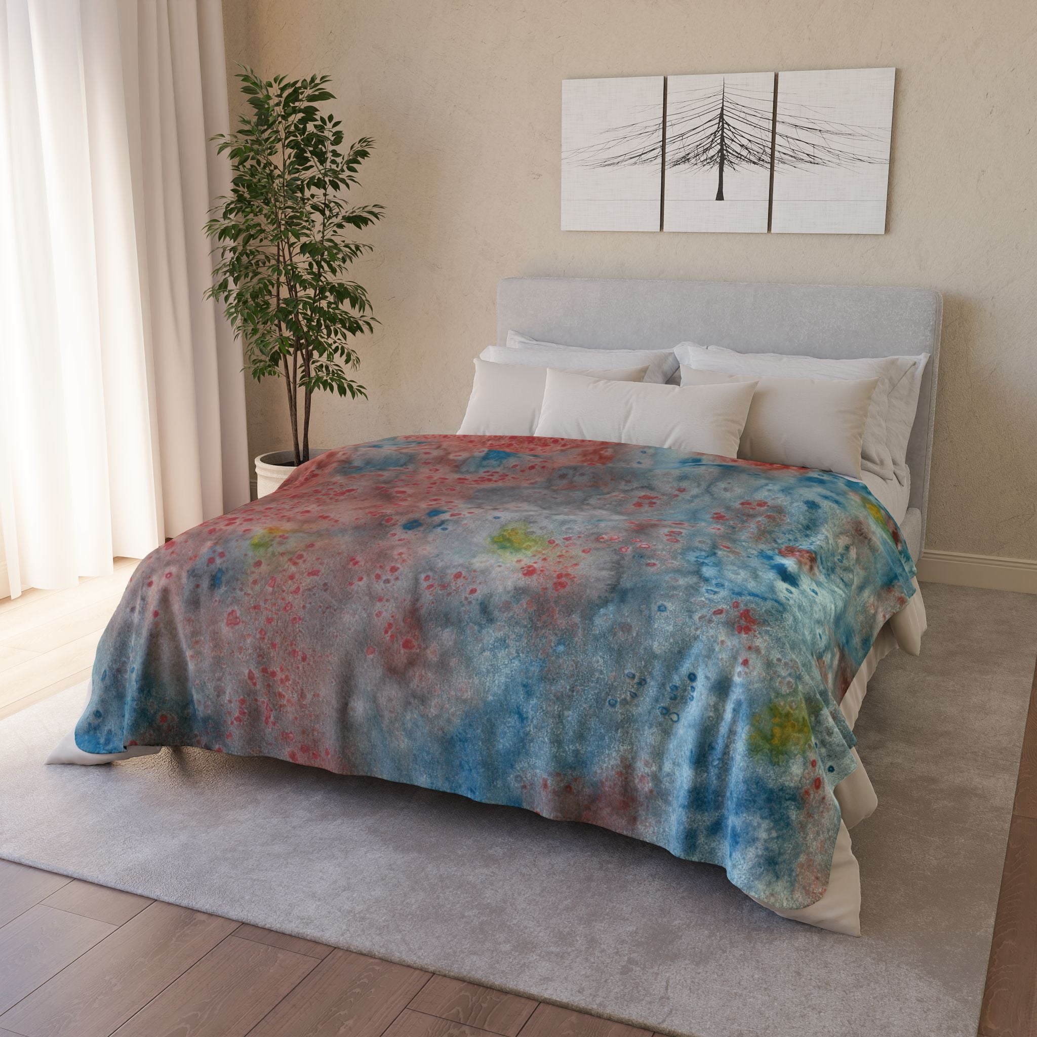 Fleece Throw Blanket, Textured Sherpa Underside, Hemmed, 2 Sizes. Colourful Abstract Design. Perfect for Bedroom, Living Room, or Special Gift #53 The Reef