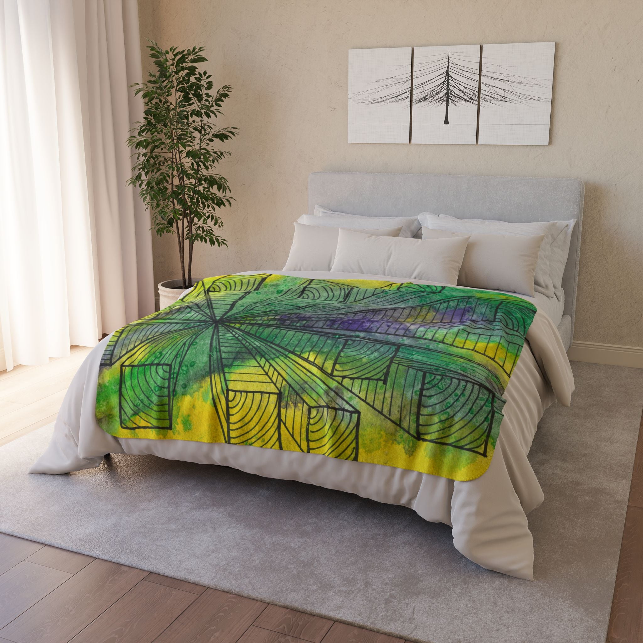 Fleece Throw Blanket, Textured Sherpa Underside, Hemmed, 2 Sizes. Colourful Abstract Design. Perfect for Bedroom, Living Room, or Special Gift #89 The Wayseers