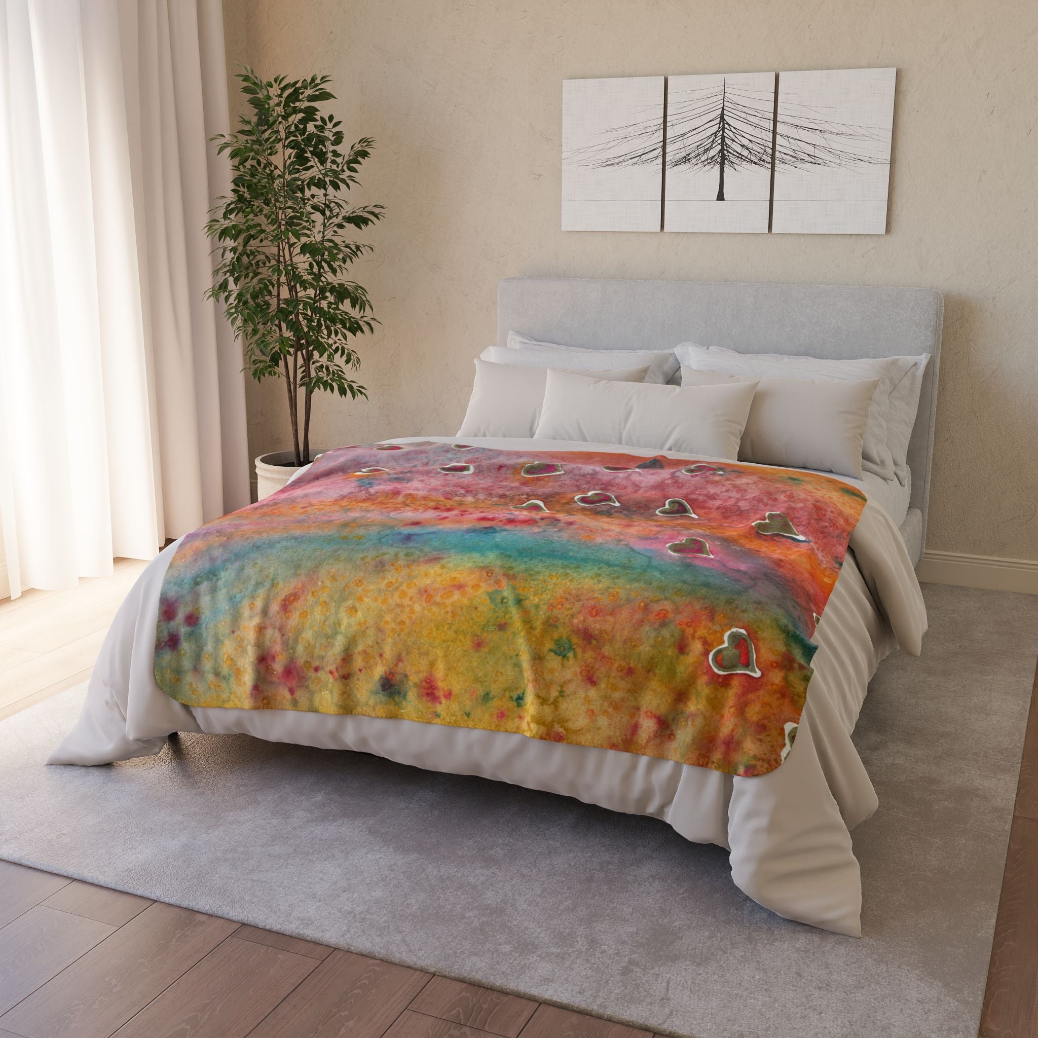 Fleece Throw Blanket, Textured Sherpa Underside, Hemmed, 2 Sizes. Colourful Abstract Design. Perfect for Bedroom, Living Room, or Special Gift #96 Love Friendship Integrity
