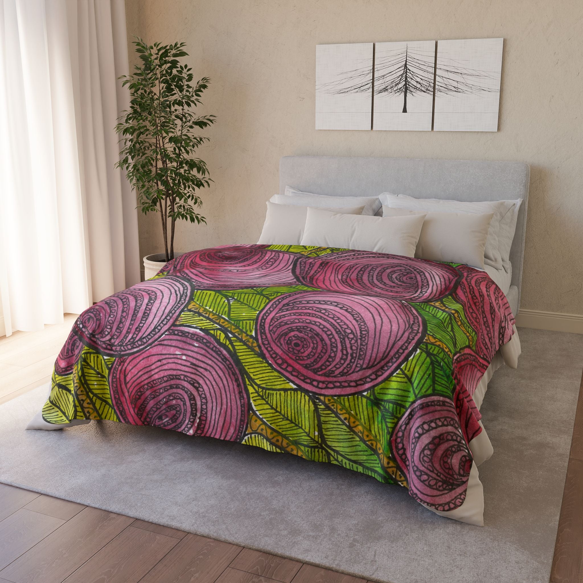 Fleece Throw Blanket, Textured Sherpa Underside, Hemmed, 2 Sizes. Colourful Abstract Design. Perfect for Bedroom, Living Room, or Special Gift #9 Spaced Blossoms