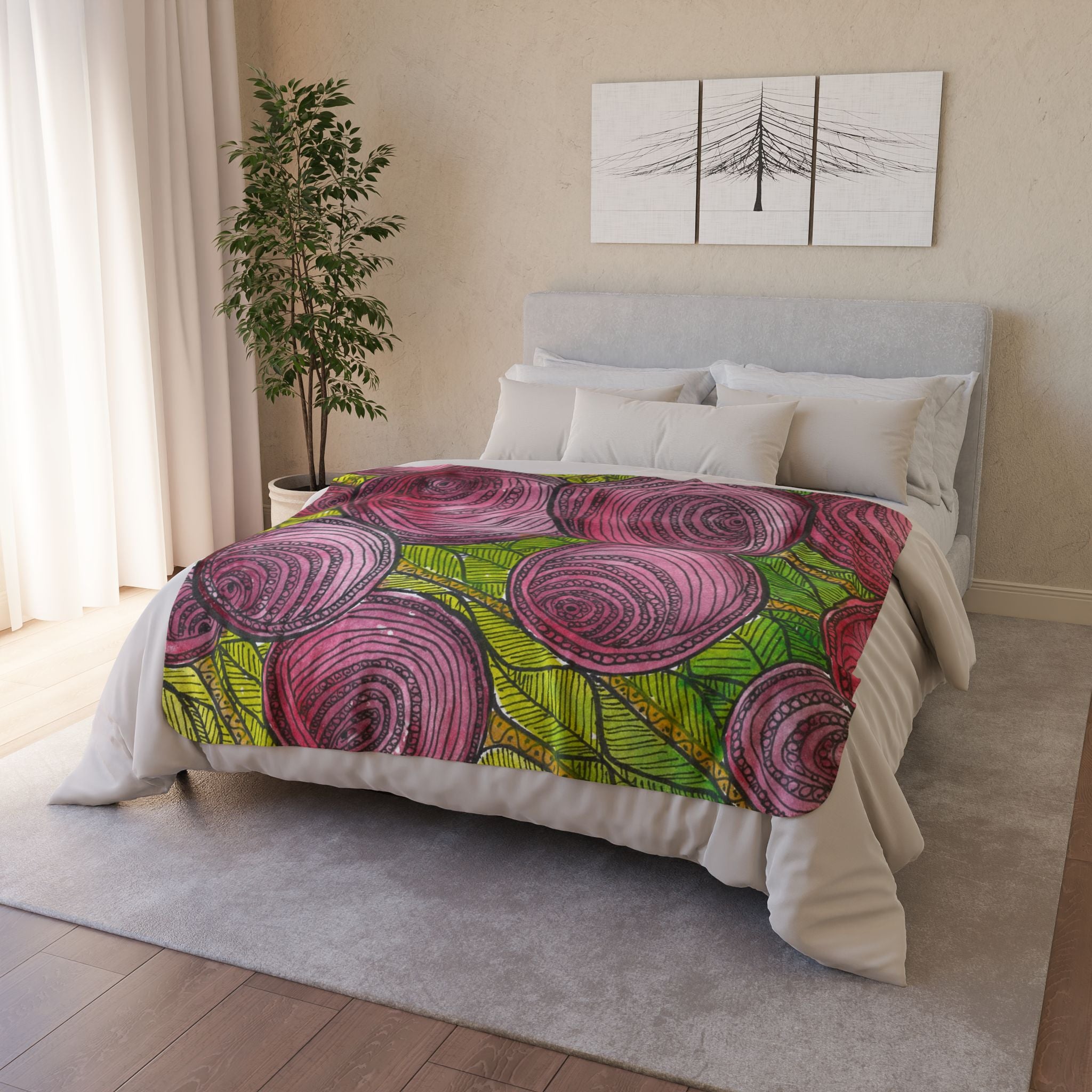 Fleece Throw Blanket, Textured Sherpa Underside, Hemmed, 2 Sizes. Colourful Abstract Design. Perfect for Bedroom, Living Room, or Special Gift #9 Spaced Blossoms