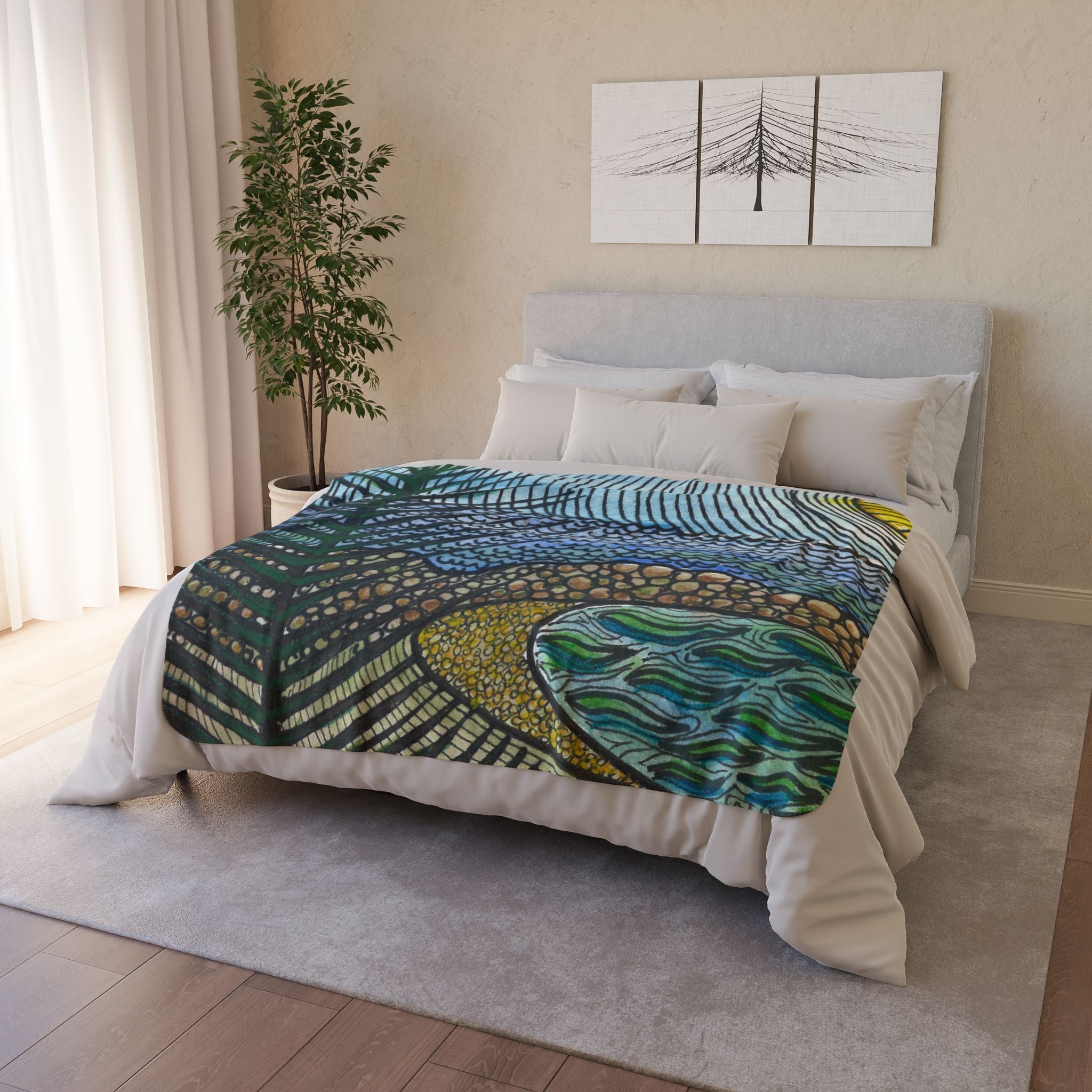 Fleece Throw Blanket, Textured Sherpa Underside, Hemmed, 2 Sizes. Colourful Abstract Design. Perfect for Bedroom, Living Room, or Special Gift #47 Cottesloe