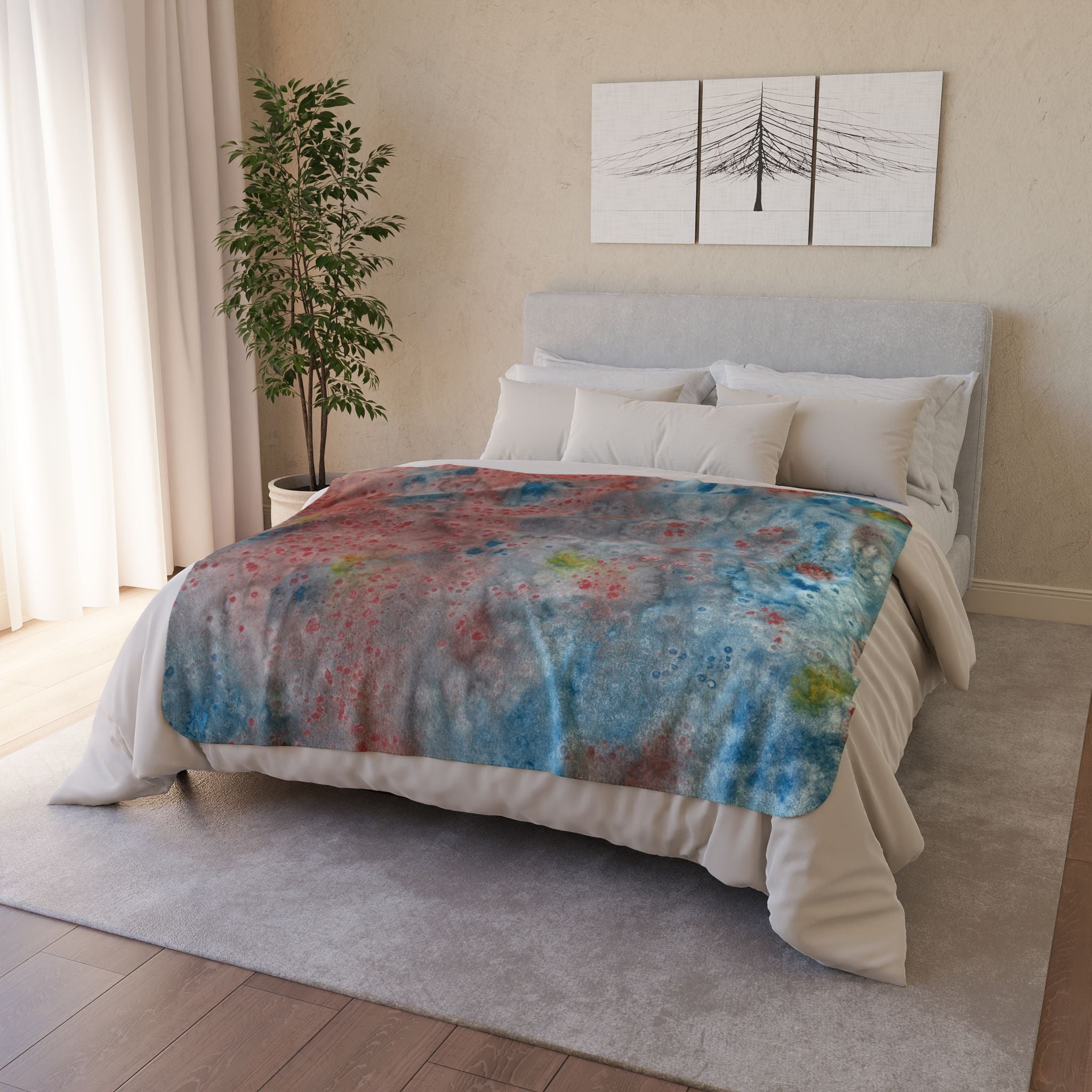 Fleece Throw Blanket, Textured Sherpa Underside, Hemmed, 2 Sizes. Colourful Abstract Design. Perfect for Bedroom, Living Room, or Special Gift #53 The Reef